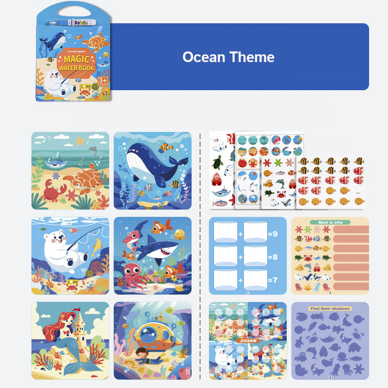 Reusable Magic Water Painting Book for Toddlers - No Mess Water Reveal Coloring Book with Ocean/Dinosaur/Animal/Transportation Themes - 图片 5