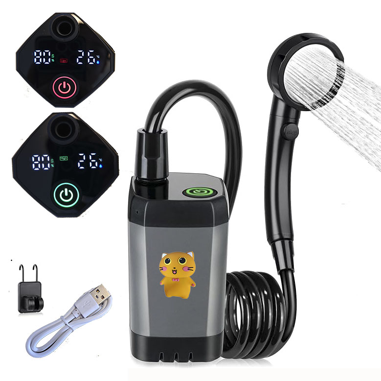 Rechargeable Portable Camping Shower Pump - USB-C Powered Outdoor Shower with Digital Display, Low Water Absorption, Adjustable Flow for Camping, Hiking & Pet Bathing