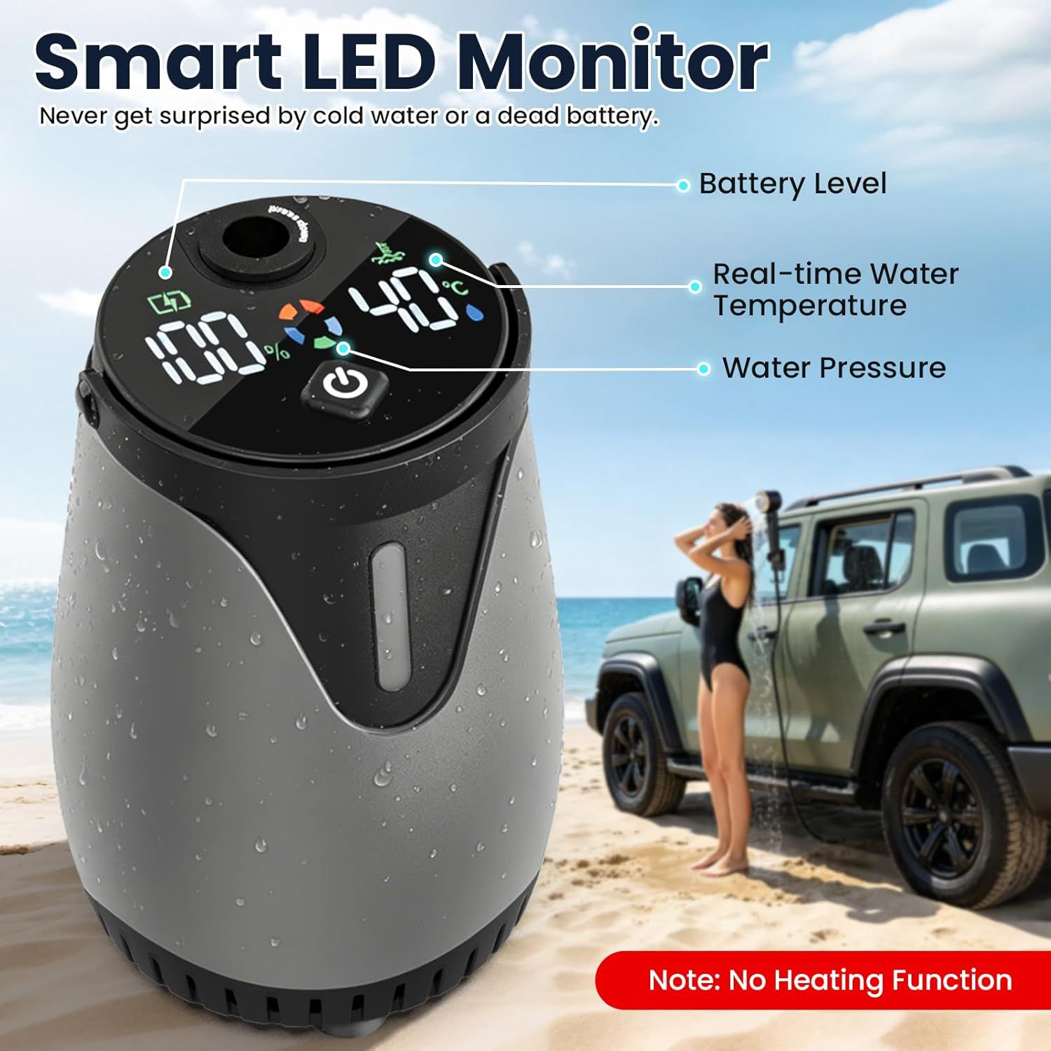 Rechargeable Portable Outdoor Shower Pump with Smart LED Temperature & Battery Display, 5 Pressure Modes Camping Car Shower System - 图片 3