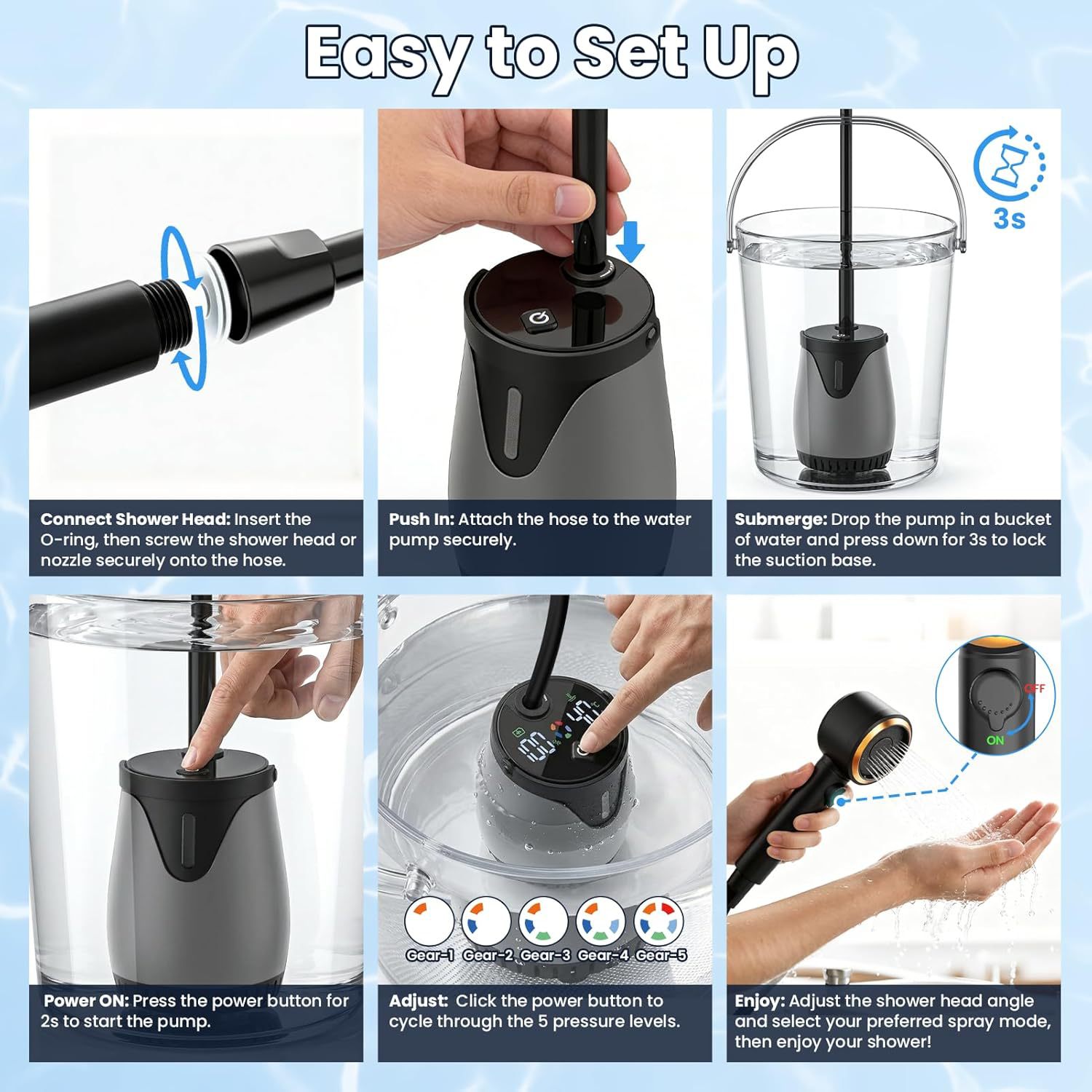 Rechargeable Portable Outdoor Shower Pump with Smart LED Temperature & Battery Display, 5 Pressure Modes Camping Car Shower System - 图片 4