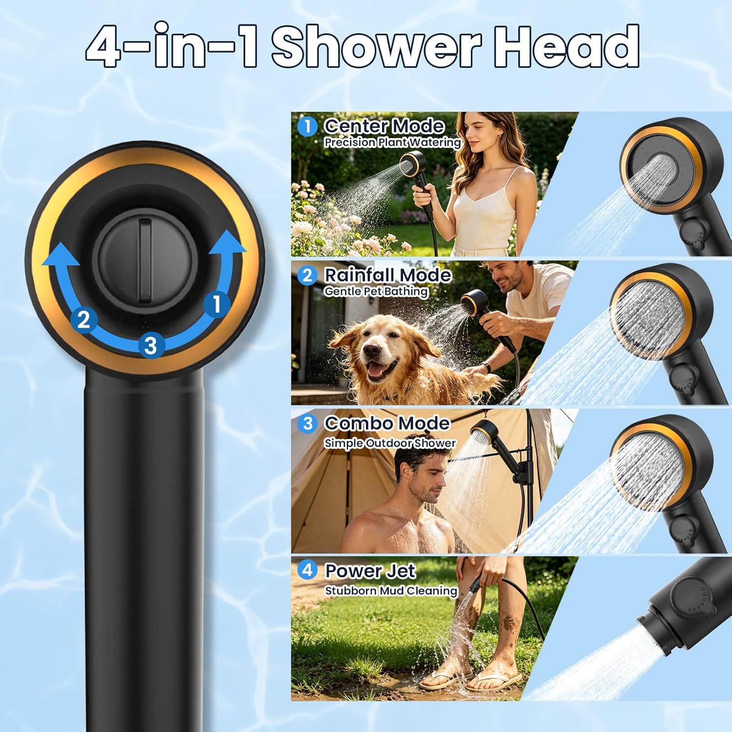 Rechargeable Portable Outdoor Shower Pump with Smart LED Temperature & Battery Display, 5 Pressure Modes Camping Car Shower System - 图片 5