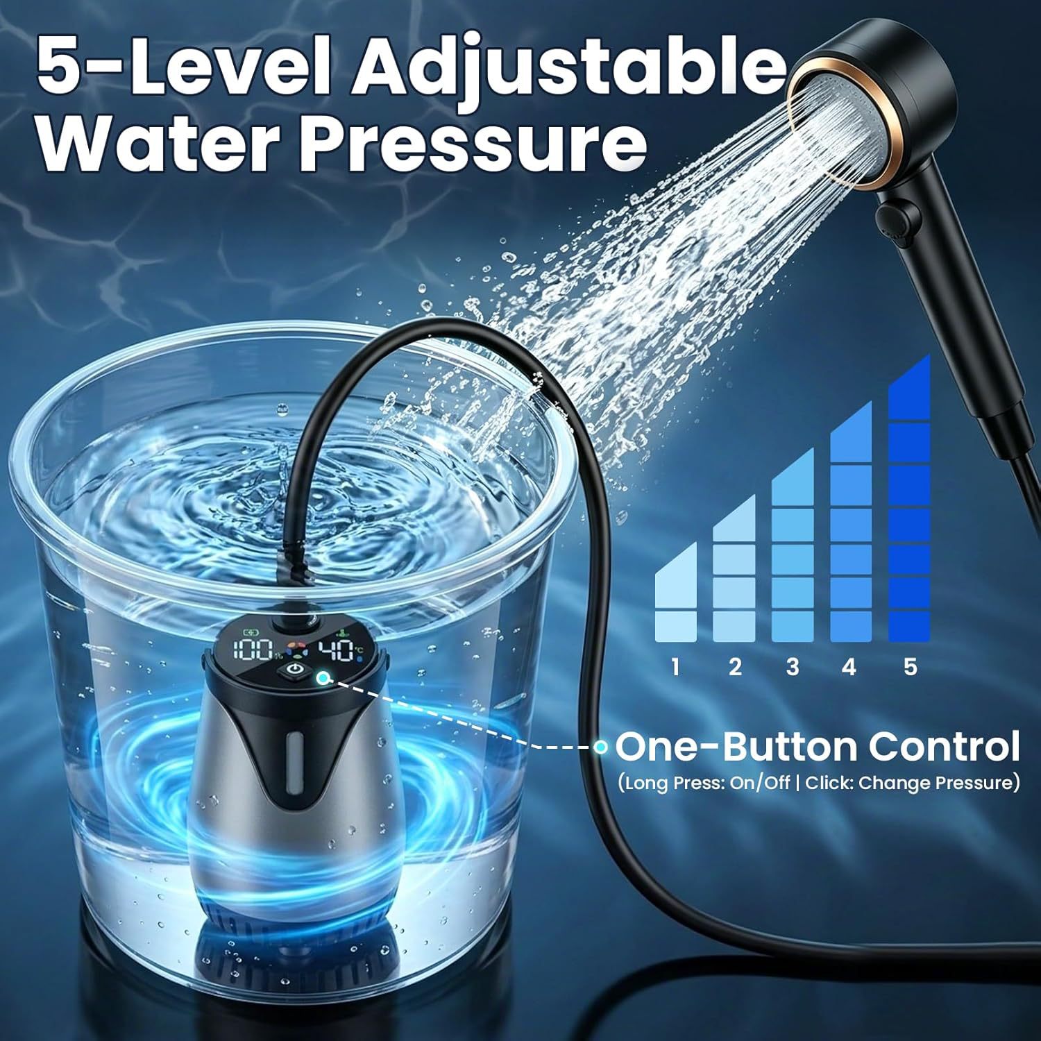 Rechargeable Portable Outdoor Shower Pump with Smart LED Temperature & Battery Display, 5 Pressure Modes Camping Car Shower System - 图片 6