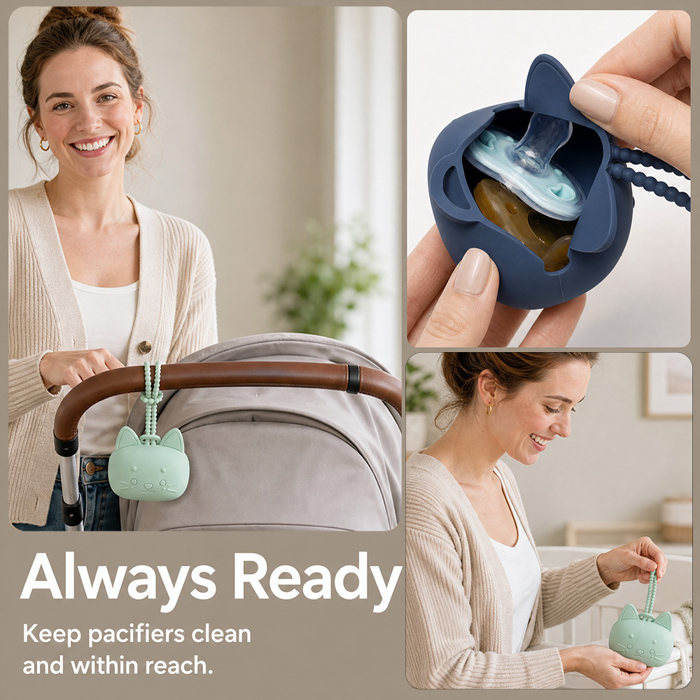 Cute Cat Silicone Pacifier Holder Case, Portable BPA‑Free Pacifier Storage Box with Lanyard for Stroller Diaper Bag - 图片 4